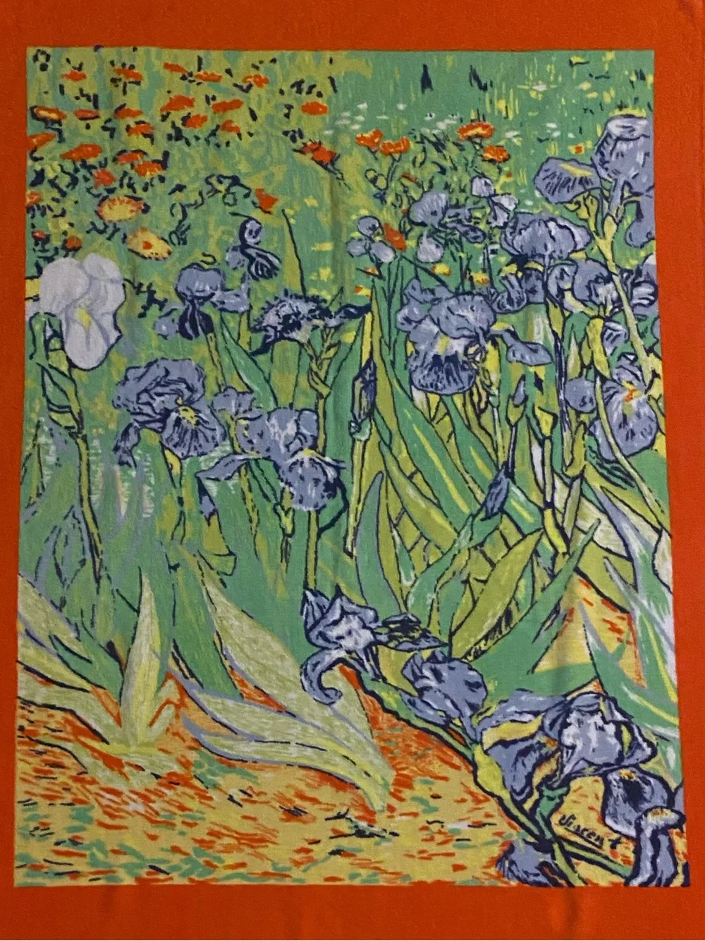 Vintage 1990 Hilasal Van Gogh Iris Design Art Beach Towel 31” x 56” Bold Orange
